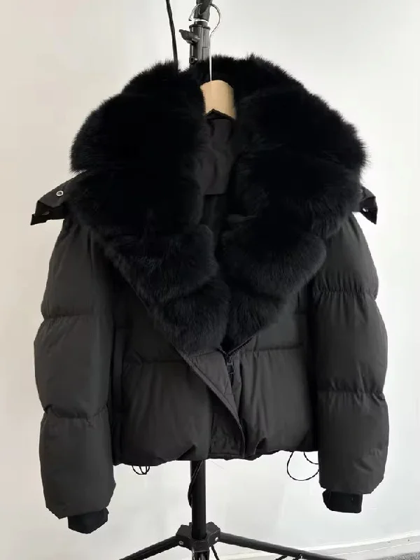 Luxurious Women's Duck Down Jacket with Natural Fur Collar & Removable Hood Wool Fabric Cashmere Fabric Tweed Fabric