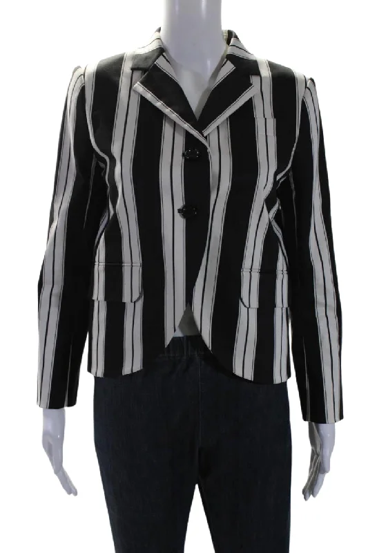 Marc Jacobs Womens Cotton Striped Single Breasted Jacket Black White Welt Pockets Slit Pockets Flap Pockets Marc Jacobs Womens Cotton Striped Single Breasted Jacket Black White Welt Pockets Slit Pockets Flap Pockets