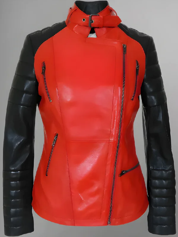 Women Red Genuine Leather Jacket With Black Diamond Herringbone Jacket Checkered Jacket Solid Jacket Women Red Genuine Leather Jacket With Black Diamond Herringbone Jacket Checkered Jacket Solid Jacket