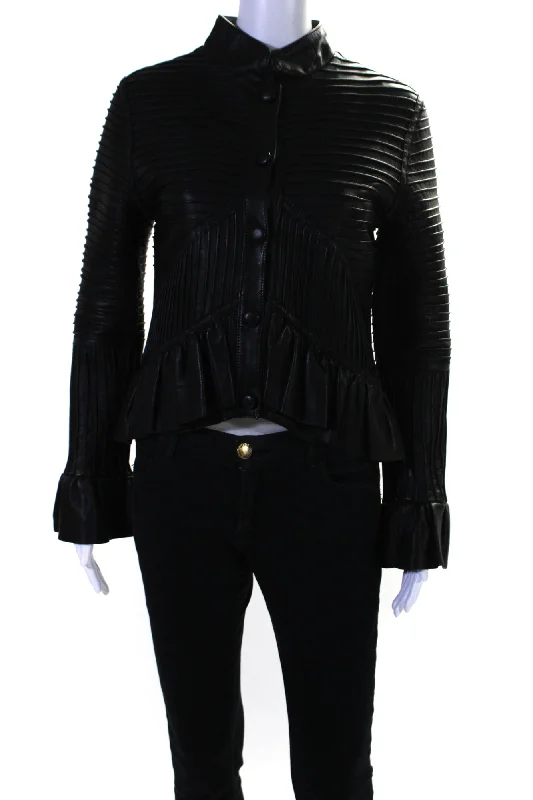 Natto Womens Genuine Leather Button Down Long Sleeves Jacket Black Welt Pockets Slit Pockets Flap Pockets Natto Womens Genuine Leather Button Down Long Sleeves Jacket Black Welt Pockets Slit Pockets Flap Pockets