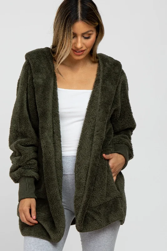 Olive Fuzzy Hooded Long Sleeve Maternity Jacket Bomber Jacket Anorak Windbreaker