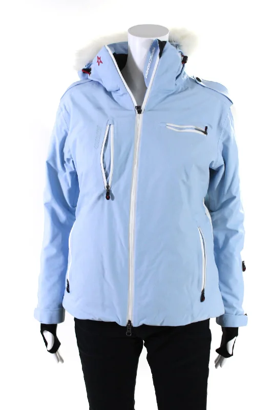 Perfect Moment Womens Front Zip Faux Fur Trim Hooded Jacket Blue White Boat Neck Shawl Collar Notched Collar Perfect Moment Womens Front Zip Faux Fur Trim Hooded Jacket Blue White Boat Neck Shawl Collar Notched Collar