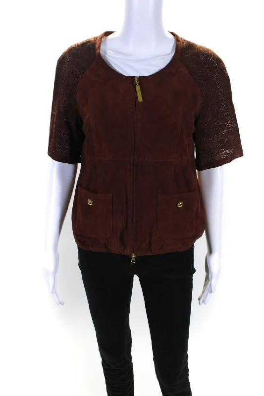 Roberto Cavalli Womens Suede Eyelet Half Sleeve Full Zip Jacket Brown Oversized Jacket Tailored Jacket Straight Jacket Roberto Cavalli Womens Suede Eyelet Half Sleeve Full Zip Jacket Brown Oversized Jacket Tailored Jacket Straight Jacket