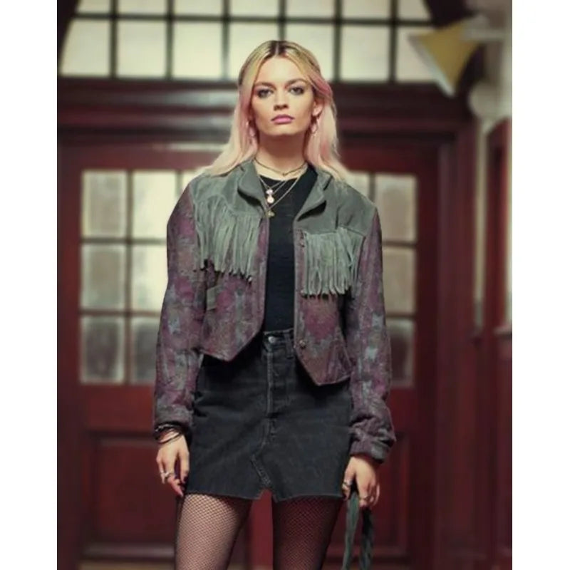 Sex Education Maeve Wiley Fringe Jacket Front Pockets Side Pockets Patch Pockets