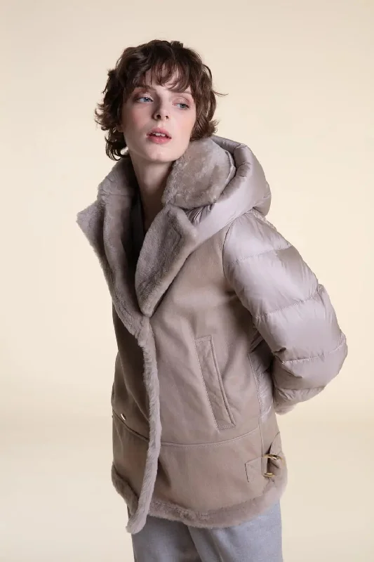 Shearling jacket with down sleeves Front Pockets Side Pockets Patch Pockets