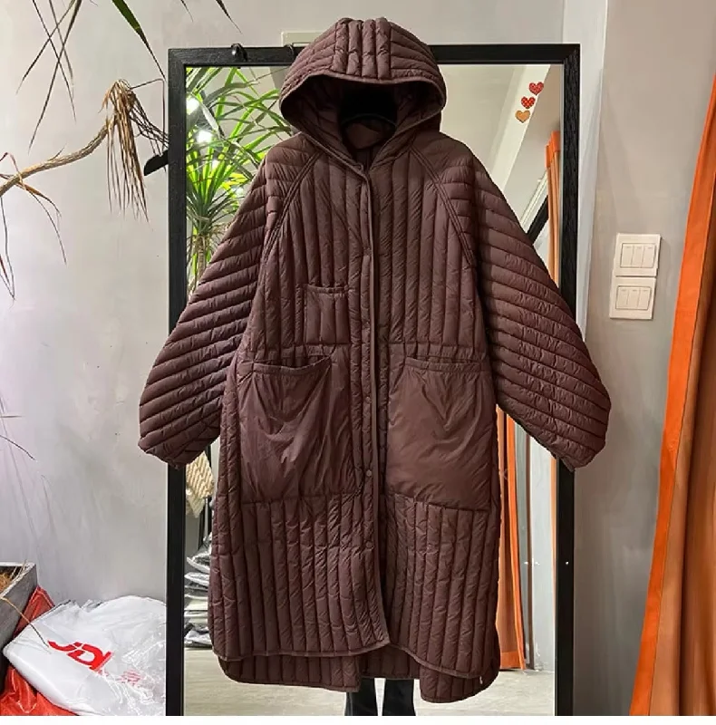 Stylish Women's Long Duck Down Hooded Jacket for Autumn. Jacket Big size Welt Pockets Slit Pockets Flap Pockets Stylish Women's Long Duck Down Hooded Jacket for Autumn. Jacket Big size Welt Pockets Slit Pockets Flap Pockets