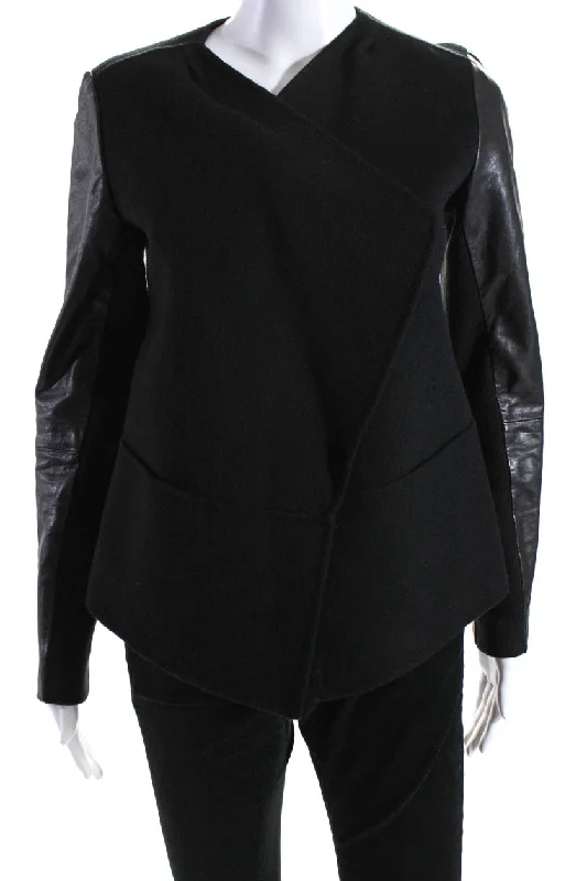Vince Women's Collared Long Sleeves Open Front Leather Jacket Black Fleece Jacket Down Jacket Parka Vince Women's Collared Long Sleeves Open Front Leather Jacket Black Fleece Jacket Down Jacket Parka
