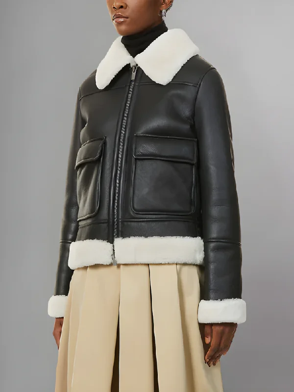 Women’s Black Leather White Shearling Big Collared Jacket Faux Fur Jacket Real Fur Jacket Shearling Jacket Women’s Black Leather White Shearling Big Collared Jacket Faux Fur Jacket Real Fur Jacket Shearling Jacket