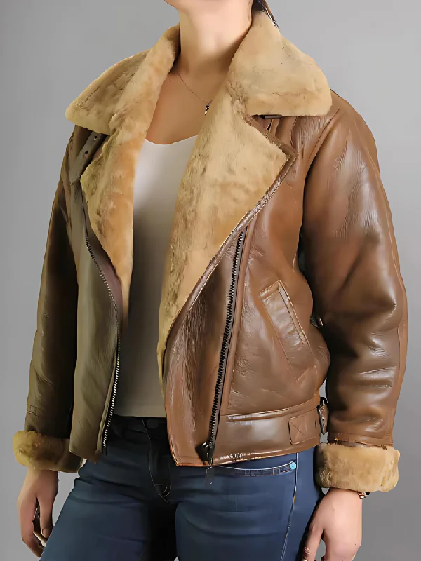 Womens Brown Leather Sheepskin Shearling Jacket Front Pockets Side Pockets Patch Pockets Womens Brown Leather Sheepskin Shearling Jacket Front Pockets Side Pockets Patch Pockets