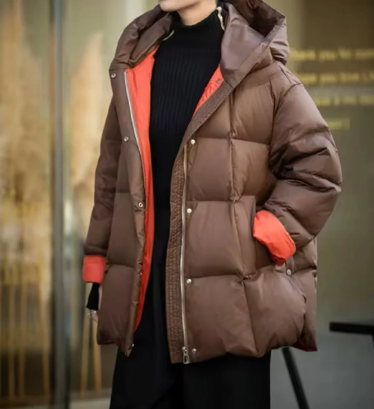 Women's Plus Size Duck Down Hooded Jacket - Ultimate Warmth & Style Tiered Jacket Buttoned Jacket Zippered Jacket