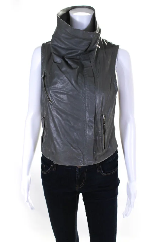 Yigal Azrouel Womens Gray Leather Cowl Neck Zip Sleeveless Vest Jacket Rayon Jacket Velvet Jacket Corduroy Jacket Yigal Azrouel Womens Gray Leather Cowl Neck Zip Sleeveless Vest Jacket Rayon Jacket Velvet Jacket Corduroy Jacket