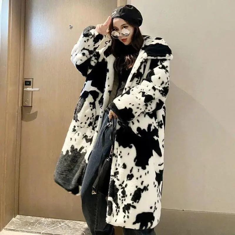 Winter New Cow Pattern Fur Coat Women Over The Knee Quilted Hybrid Jacket