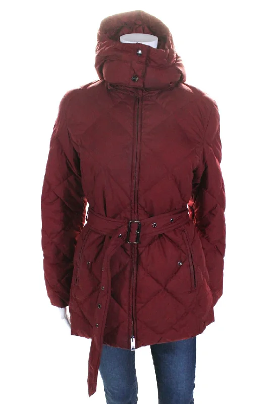 Burberry Womens Goose Down Filled Long Hooded Puffer Coat Red Cropped Moto Jacket