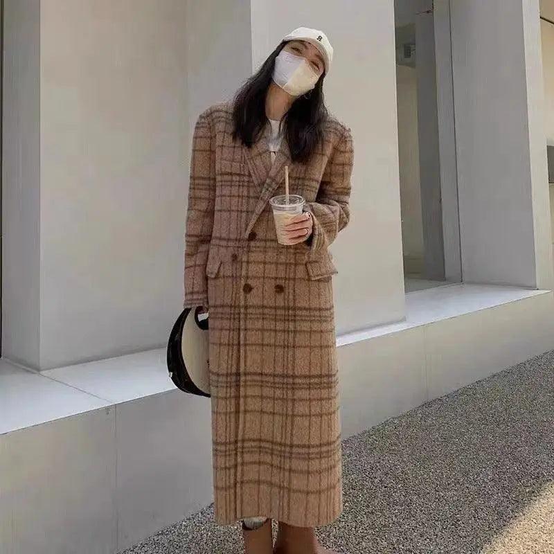 Checked Double-sided Wool Coat For Women Long Knee-length Waterproof Rain Jacket