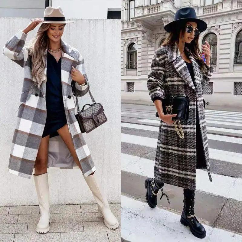 Checked Mid-length Coat Lapel Tie Woolen Coat Cropped Moto Jacket