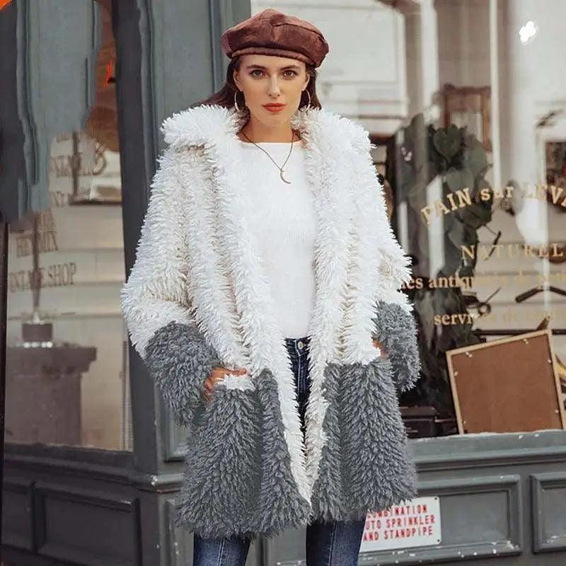 Color contrast stitching casual fashion Plush coat for women Hooded Raincoat Women