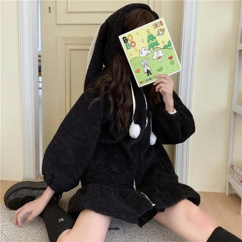 Cute Ears Hooded Padded Lamb Wool Coat Puff Shoulder Coat