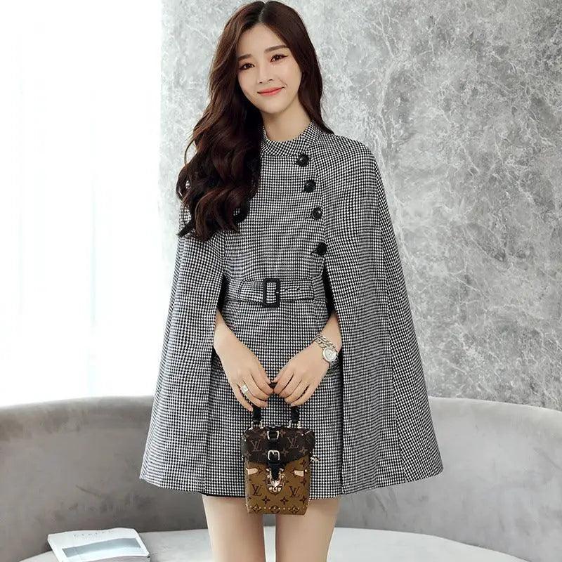Design Wool Cape Lace-up Collar Coat Puff Shoulder Coat