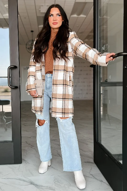 Dreaming Of More Open Front Plaid Coat (Camel) Puff Sleeve Blazer