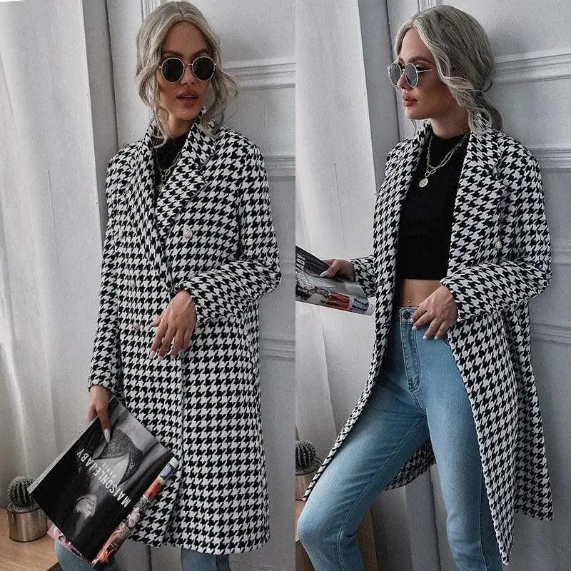 Fashion Houndstooth Print Long Woolen Coat Embroidered Kimono Coat