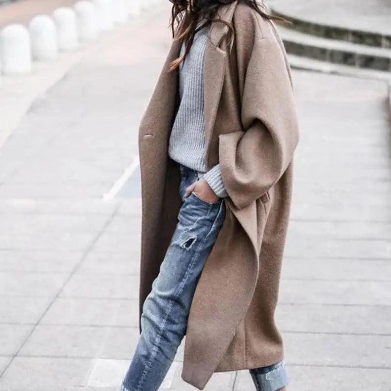 Fashion Long Solid Color Lapel Coat Warm Coat Sporty Zip-Up Jacket
