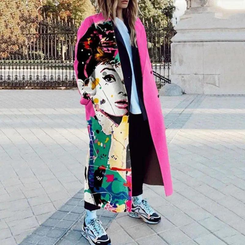 Fashion Printing Stitching Long Dragon And Phoenix Coat Hooded Parka Coat