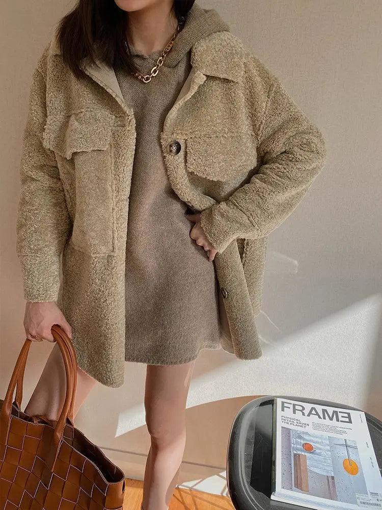 Faux Fur All-In-One Lamb Hair Granular Fleece Coat Women's Sporty Zip-Up Jacket
