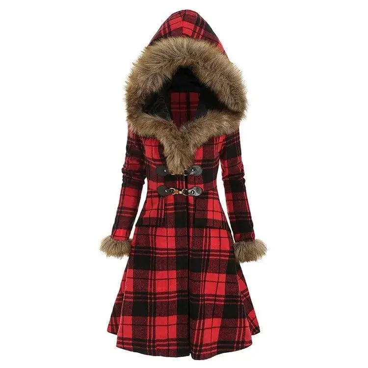 Hooded fur and woolen mid-length coat Casual Open-Front Coat
