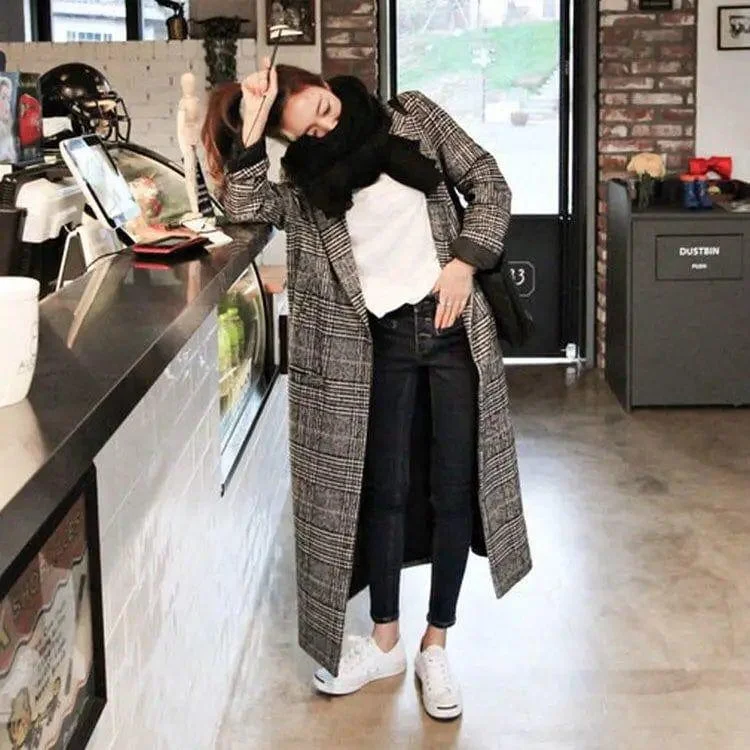 Houndstooth Mid-length Woolen Coat Thick Wool Cloth Korean Soft Thermal Overcoat