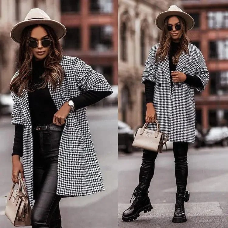 Houndstooth Three-Quarter Sleeve Woolen Coat Vegan Leather Trench