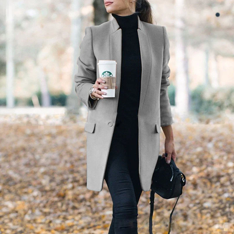Ladies Stand-collar Slim-fit Woolen Coat Military-Inspired Jacket