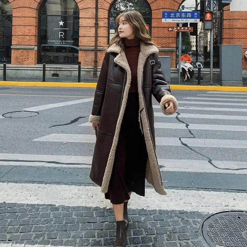 Lamb Wool Over-the-knee Mid-length Leather Coat Insulated Snow Jacket