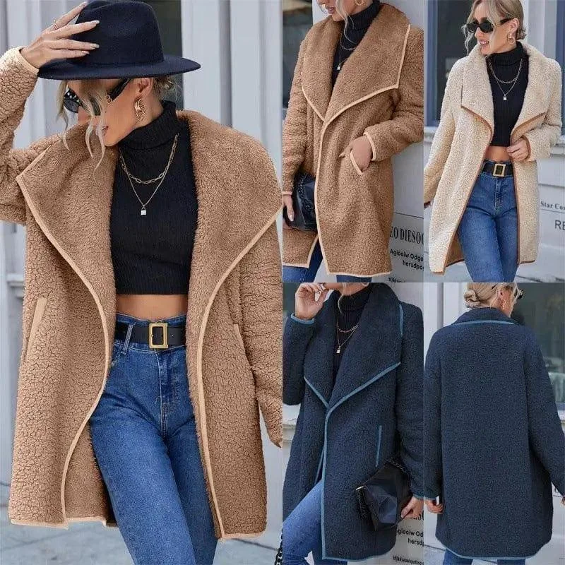 Lapel Irregular Medium Length Double Sided Plush Coat Furry Chic Oversized Blazer