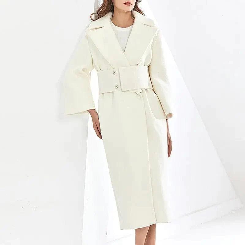 Lapel Waist White Mid-length Woolen Coat Ultra-Soft Sherpa Vest