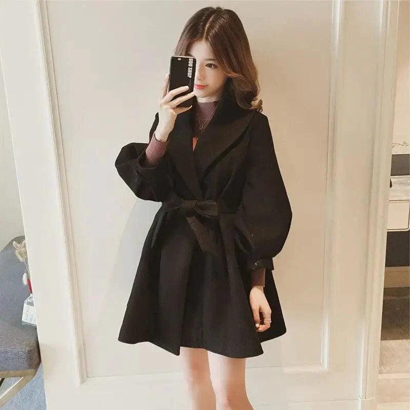 Loose and Slim Medium Length Lantern-sleeved Woolen Coat Thick Layered Jacket