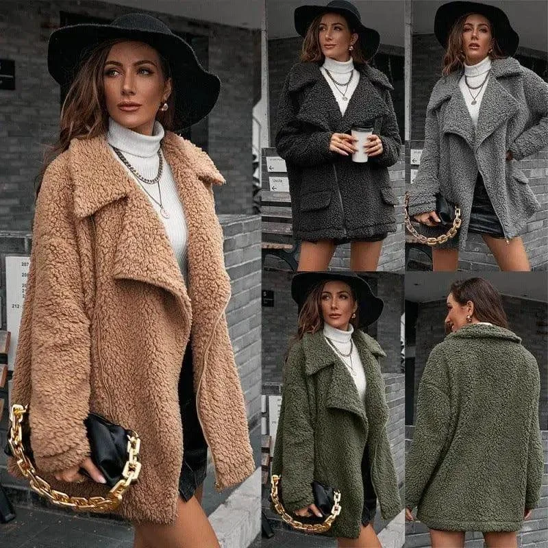 Loose Thickened Bubble Fleece Zipper Plush Coat Draped Collar Cardigan