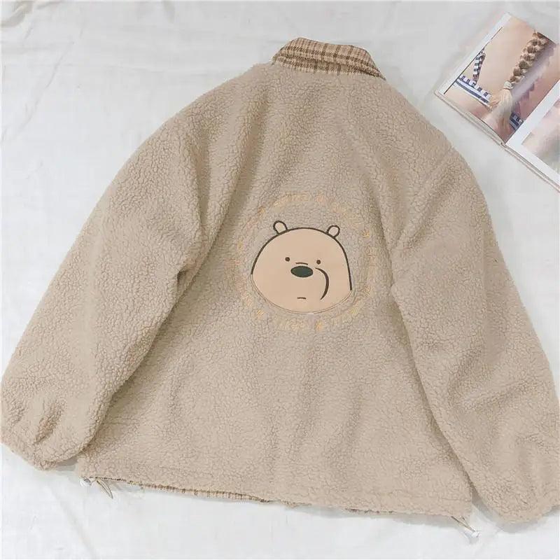 Bear embroidered lamb fur plaid coat Soft Cashmere Wrap