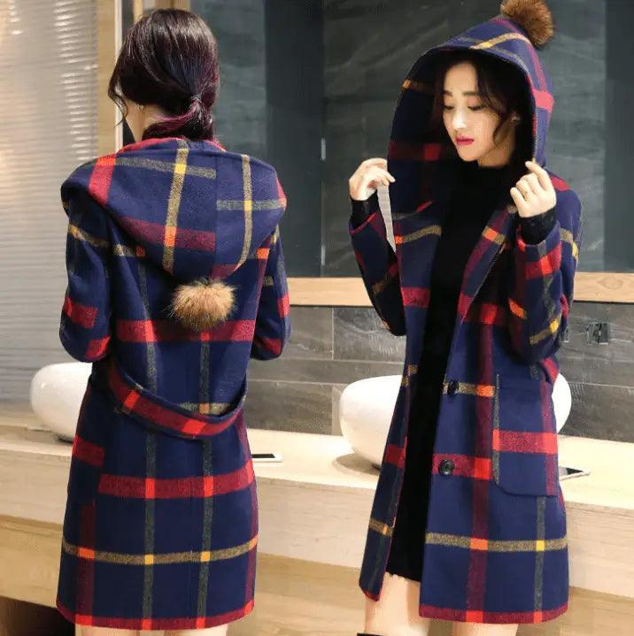 British College wind wool coat plaid long hooded woolen coat Chic Winter Coat