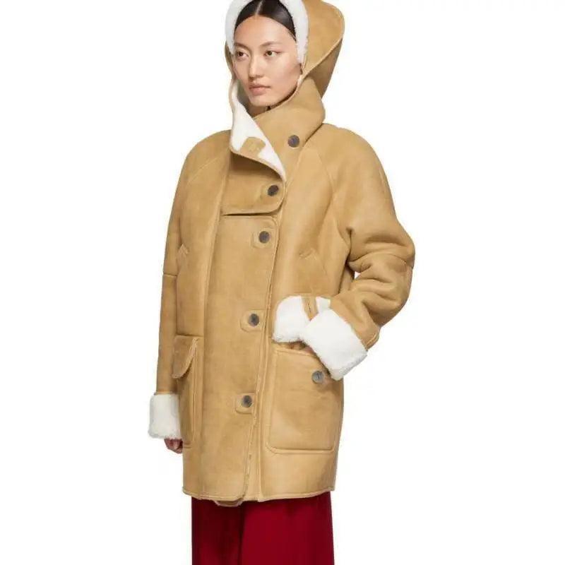 Camel fur cute bear hooded zipper long coat Fur-Trimmed Winter Coat