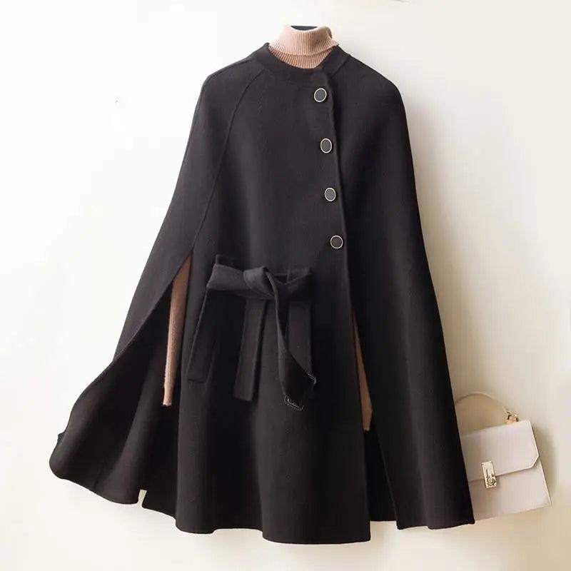 Cloak-style Loose Wool Double-faced Woolen Coat Belted Wool Overcoat
