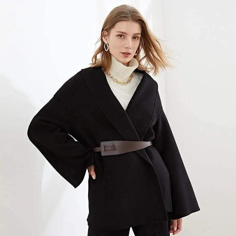 Double sided cashmere coat with wool belt Adjustable Waist Parka