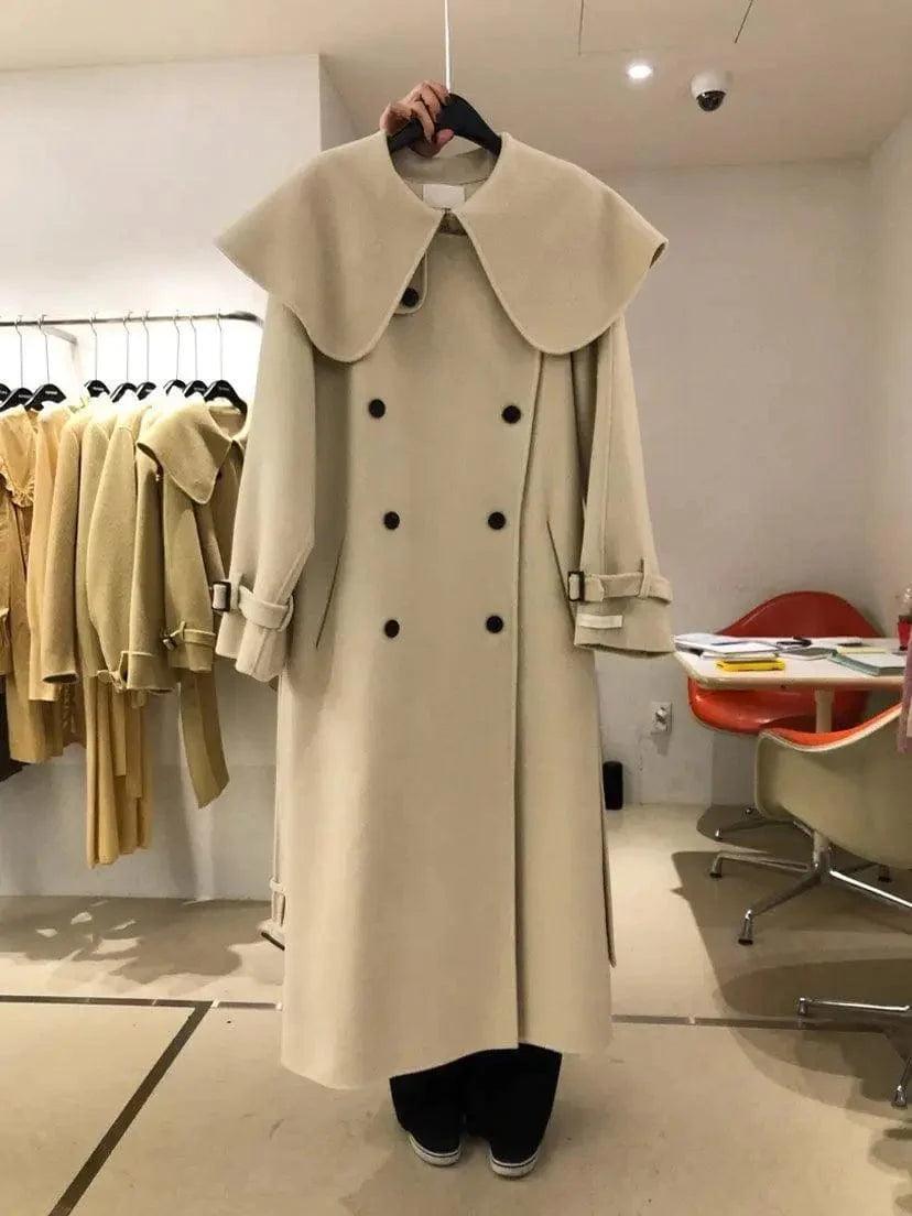Lapel Double-Breasted Loose Solid Color Long Woolen Coat Velvet Evening Cape