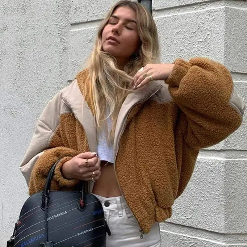 Loose Hooded Stitching Lamb Wool Coat Fitted Faux Suede Blazer