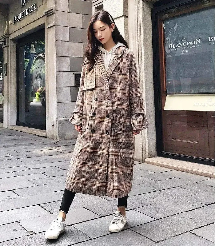 Loose slim long double-breasted retro plaid woolen coat High-Collar Puffer Coat