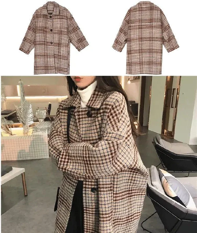 Plaid woolen coat female long section autumn and winter Elegant Cape Blazer