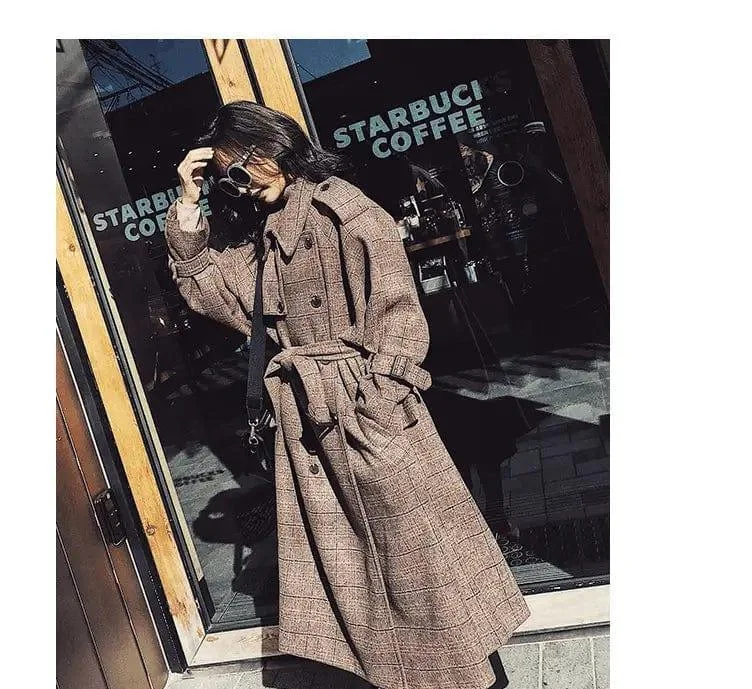 Plaid woolen coat female long section Korean version autumn Minimalist Wool Duster