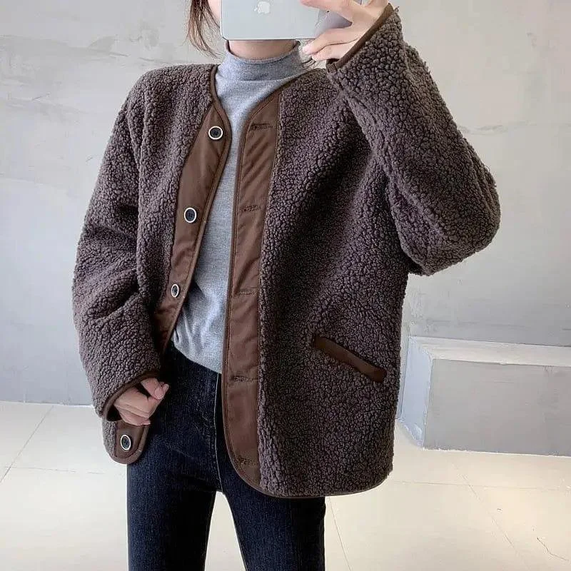 Short Lamb Hair Loose All-match Stitching Fur Short Coat Belted Crossover Blazer