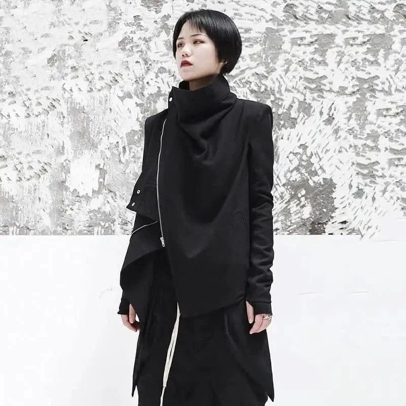 Turtleneck Long Sleeve Black Zip Irregular Coat Soft Thermal Overcoat