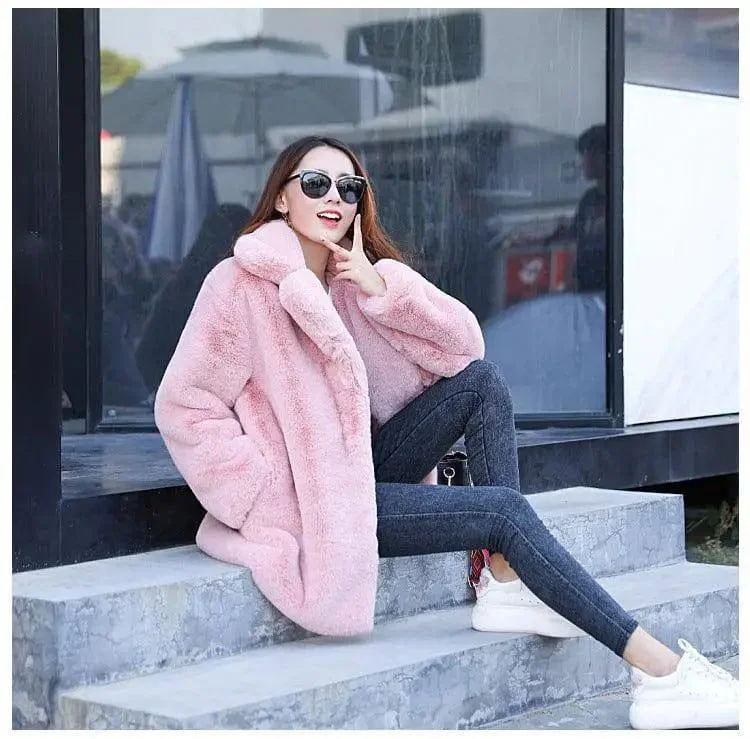 New Female Imitation Rabbit Fur Loose Lapel Coat Soft Flannel Shacket