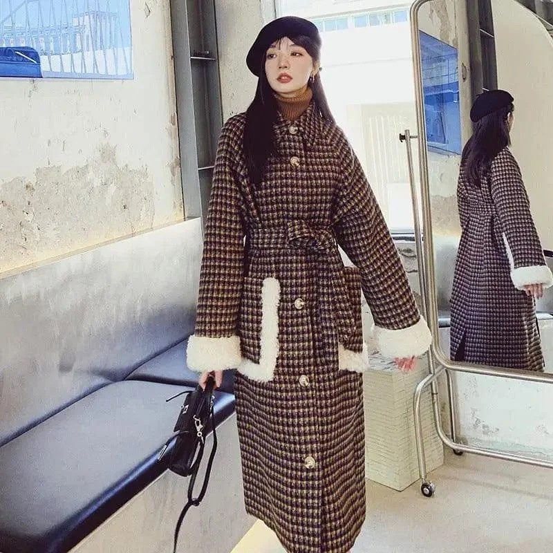 New Stitching Contrast Color Houndstooth Quilted Coat Flowy Lightweight Kimono